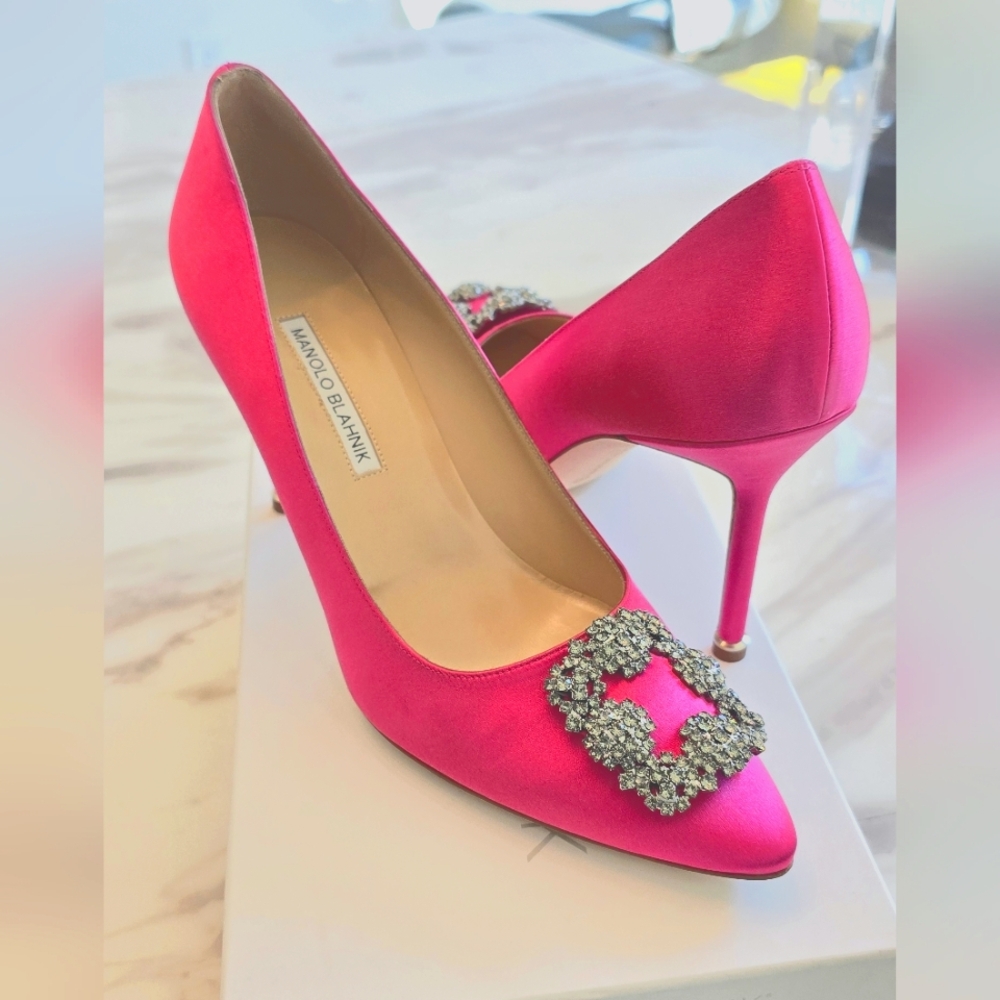 Manolo Blahnik Pink Satin Heels with Embellishment